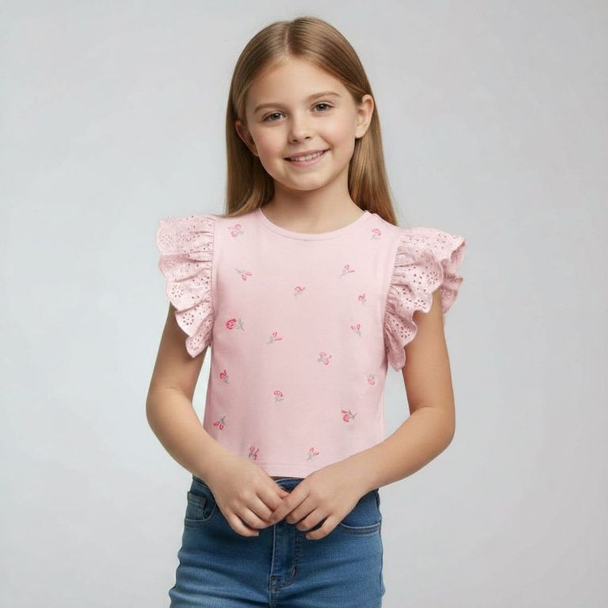 CONIGLIO - Camiseta para Niña con Ojalillo de Algodón Coniglio