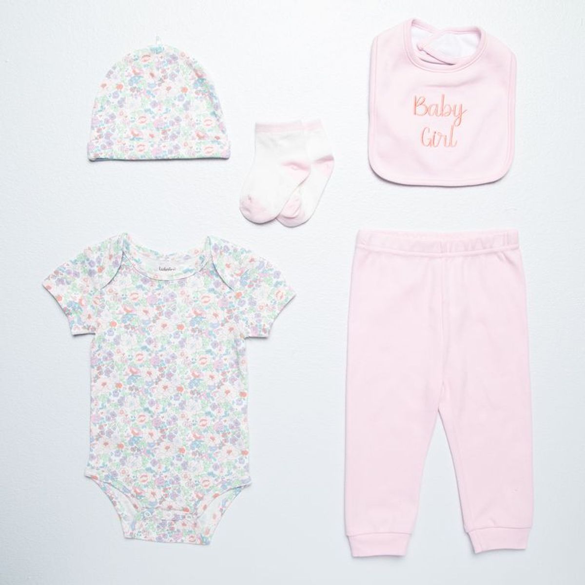 YAMP - Set Body manga corta + Gorro + Pantalón + Medias+ Babero para Bebé niña Baby shower de Algodón Yamp