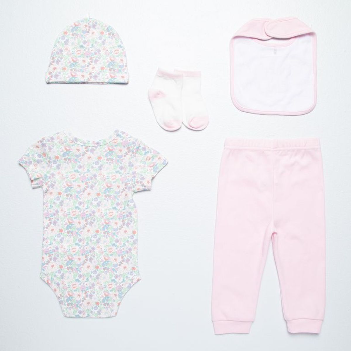 YAMP - Set Body manga corta + Gorro + Pantalón + Medias+ Babero para Bebé niña Baby shower de Algodón Yamp