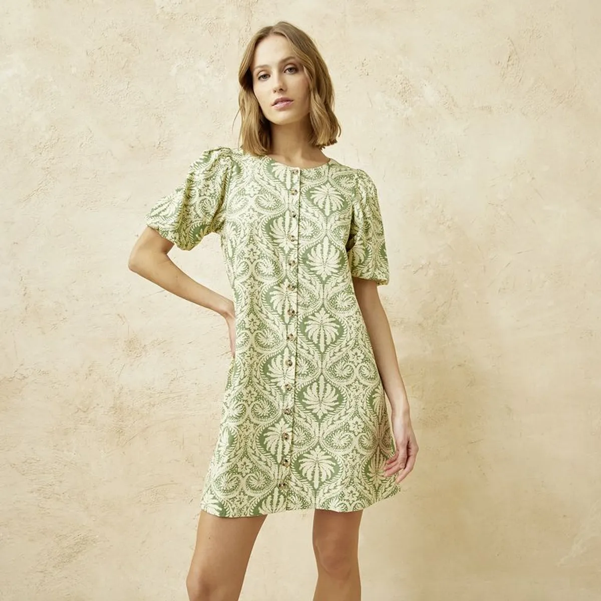 BASEMENT - Vestido Mujer Corto Casual con Estampado de Lino Basement