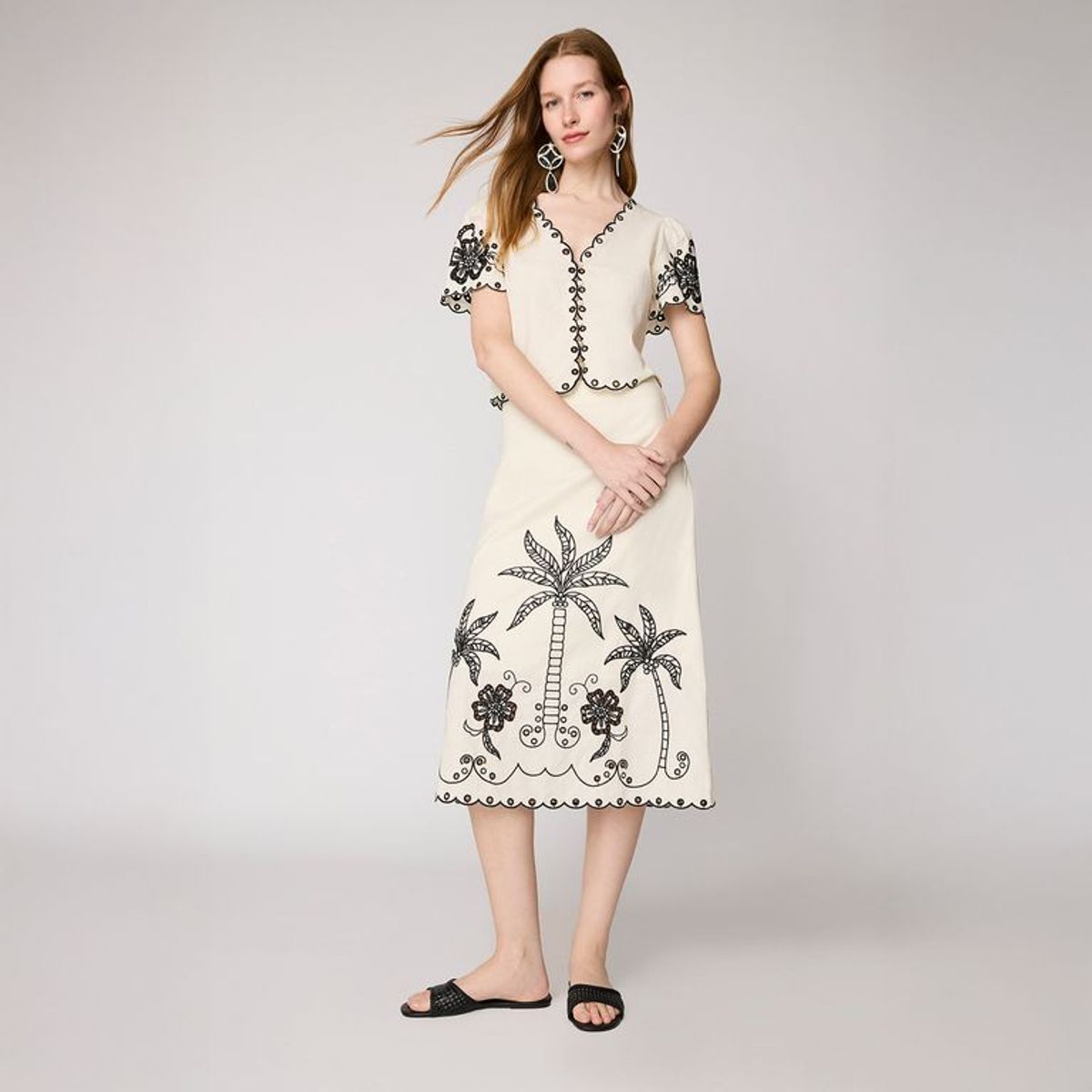 BASEMENT - Falda Midi Mujer con Bordado de Algodón 