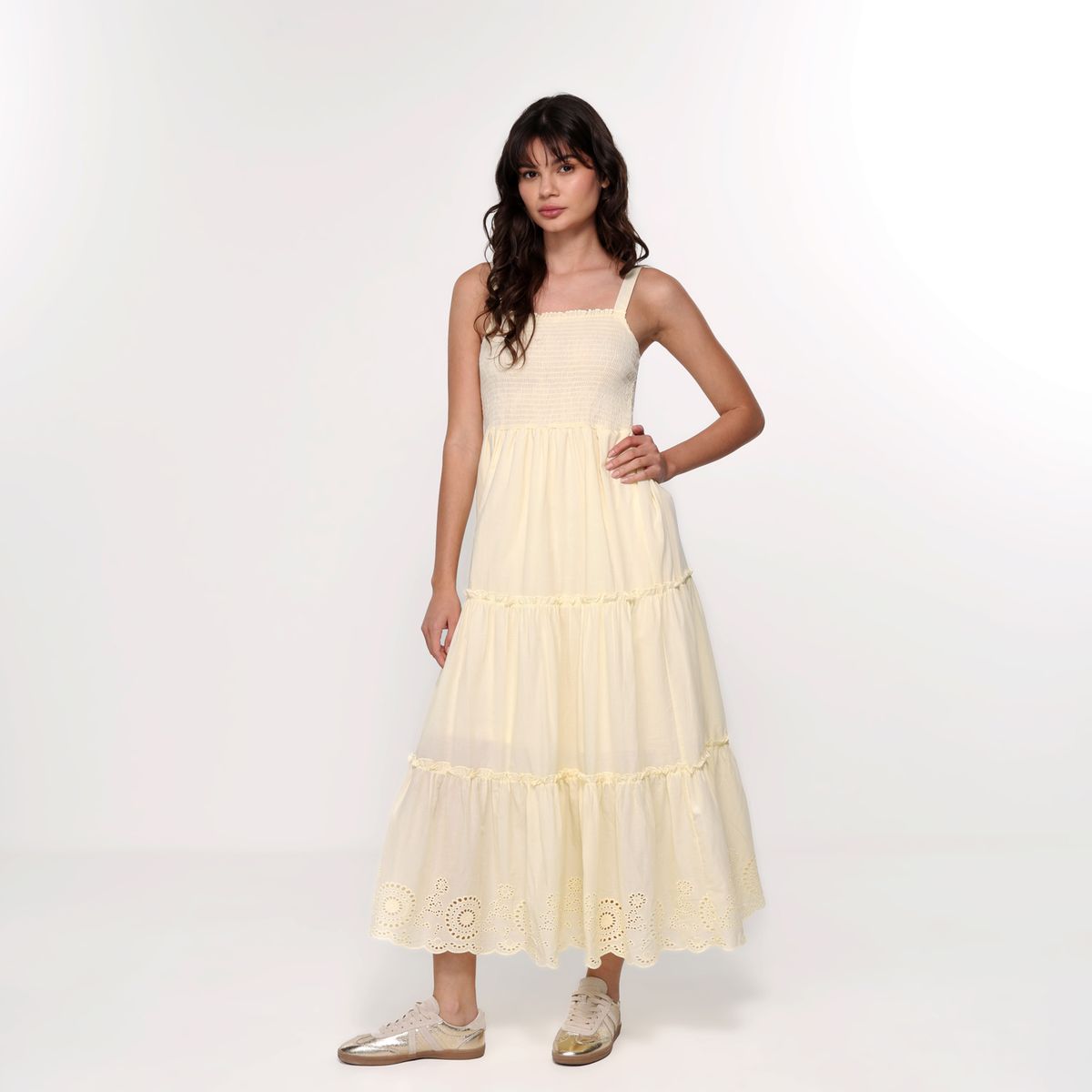 SYBILLA - Vestido Largo Casual con Ojalillo para Mujer de Algodón Sybilla