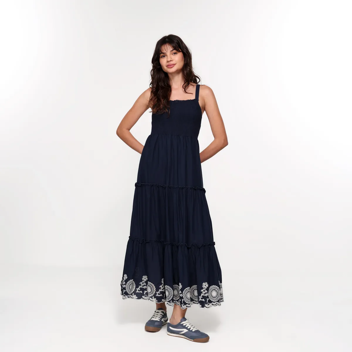 SYBILLA - Vestido Largo Casual con Ojalillo para Mujer de Algodón Sybilla