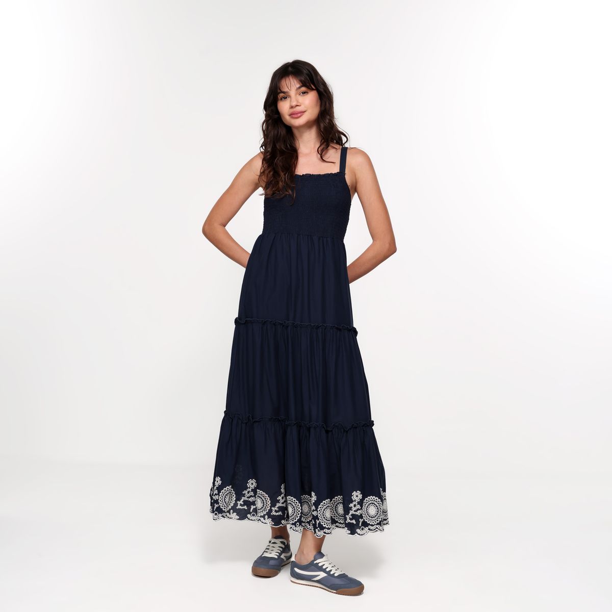 SYBILLA - Vestido Largo Casual con Ojalillo para Mujer de Algodón Sybilla