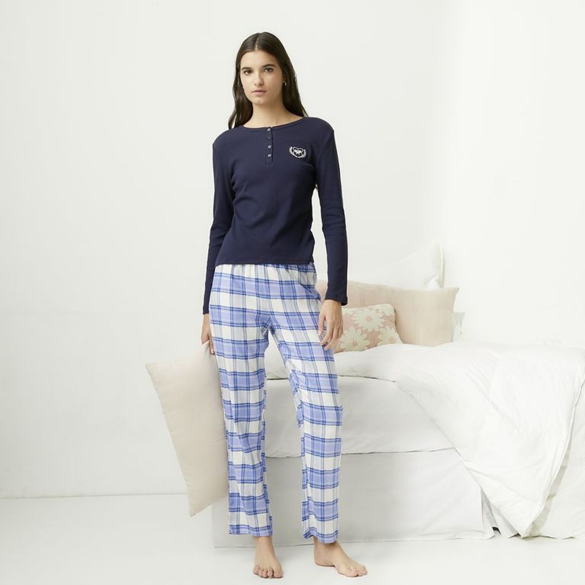 SYBILLA - Pijama completa con pantalón para Mujer Manga larga de Cuadros de Algodón Sybilla
