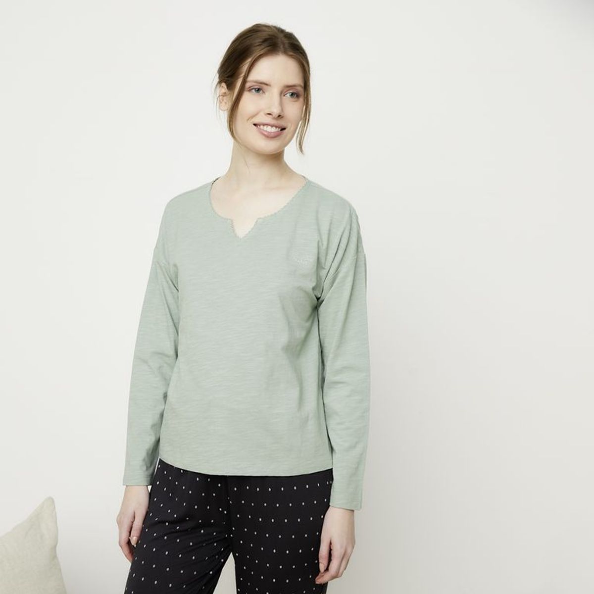 BLU - Camiseta de pijama para Mujer Manga larga de Algodón Blu