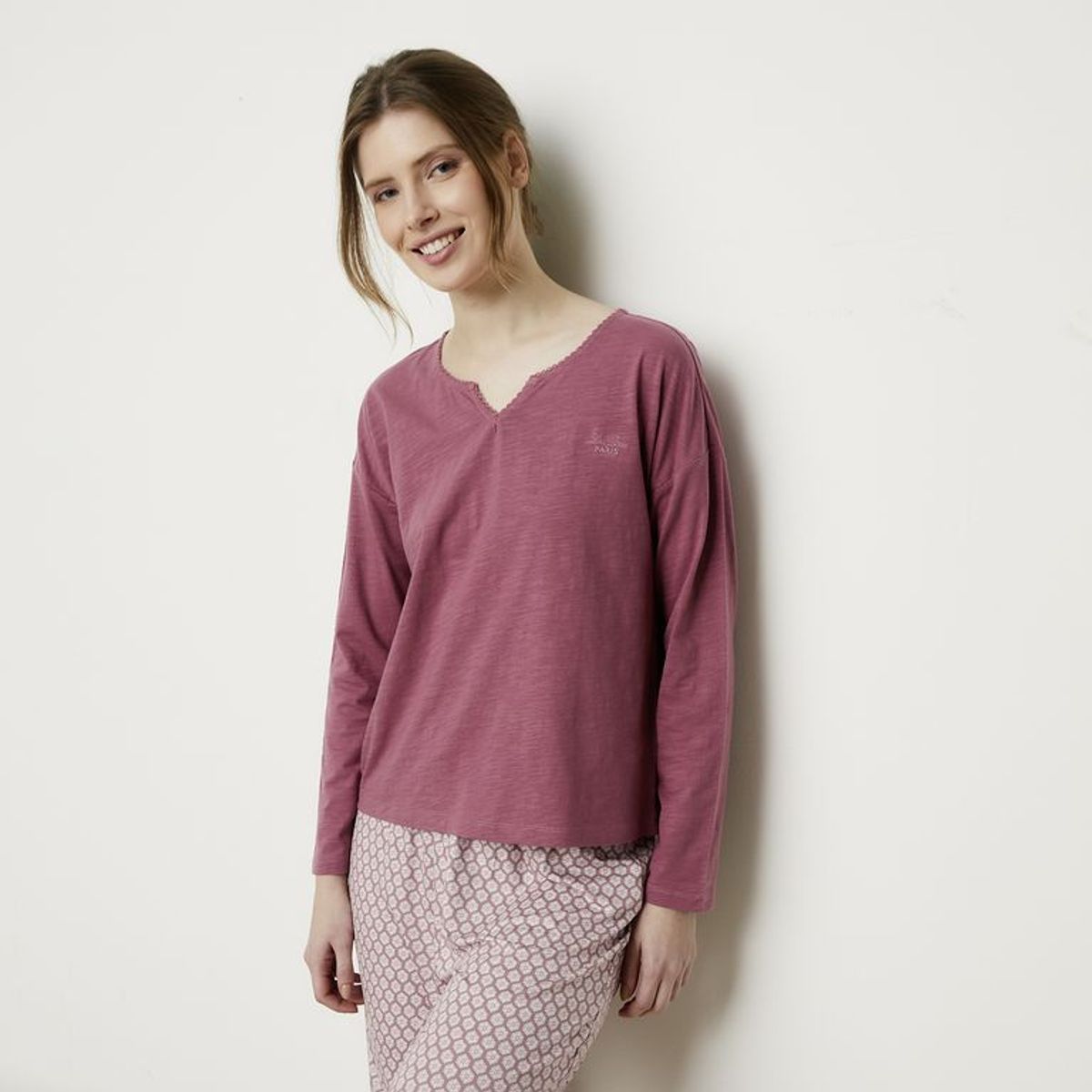 BLU - Camiseta de pijama para Mujer Manga larga de Algodón Blu