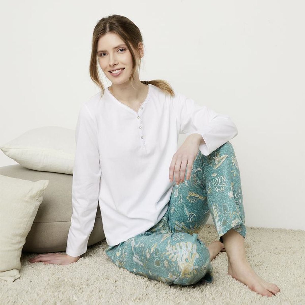 BLU - Camiseta de pijama para Mujer Manga larga de Algodón Blu