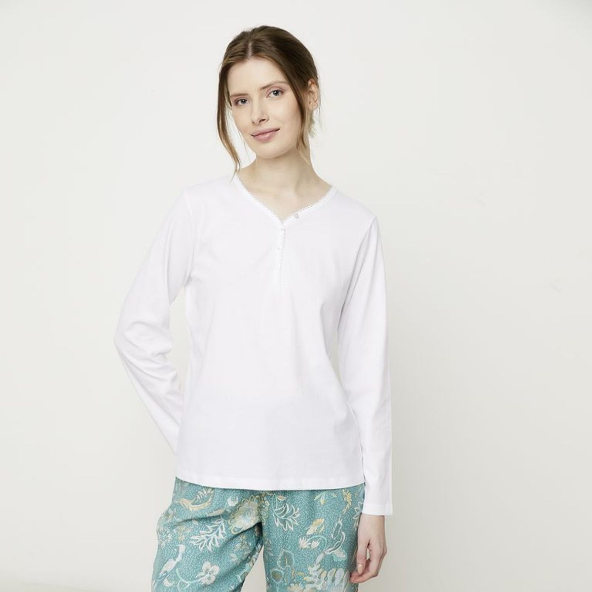 BLU - Camiseta de pijama para Mujer Manga larga de Algodón Blu