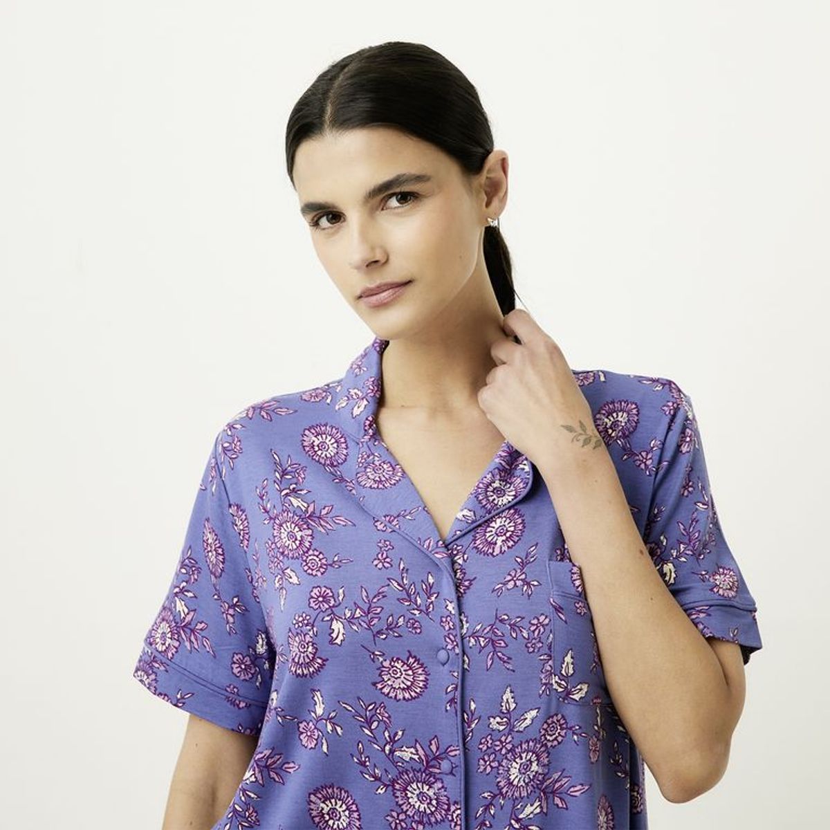 BLU - Pijama completa con pantalón para Mujer Manga corta con Flores blu