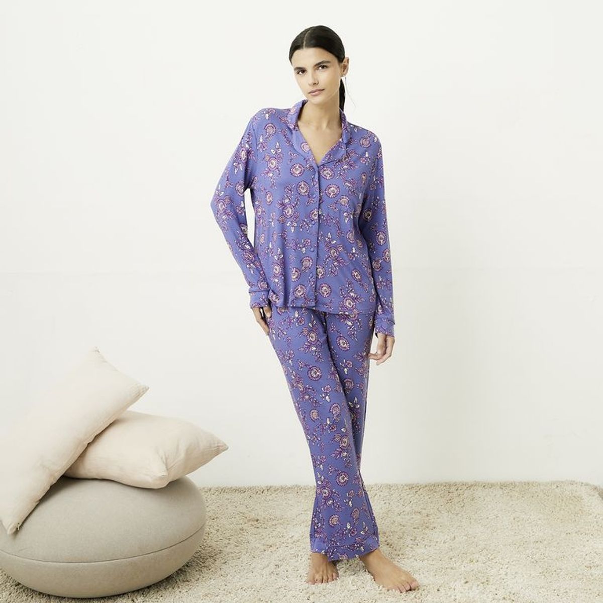 BLU - Pijama completa con pantalón para Mujer Manga larga de Flores Blu
