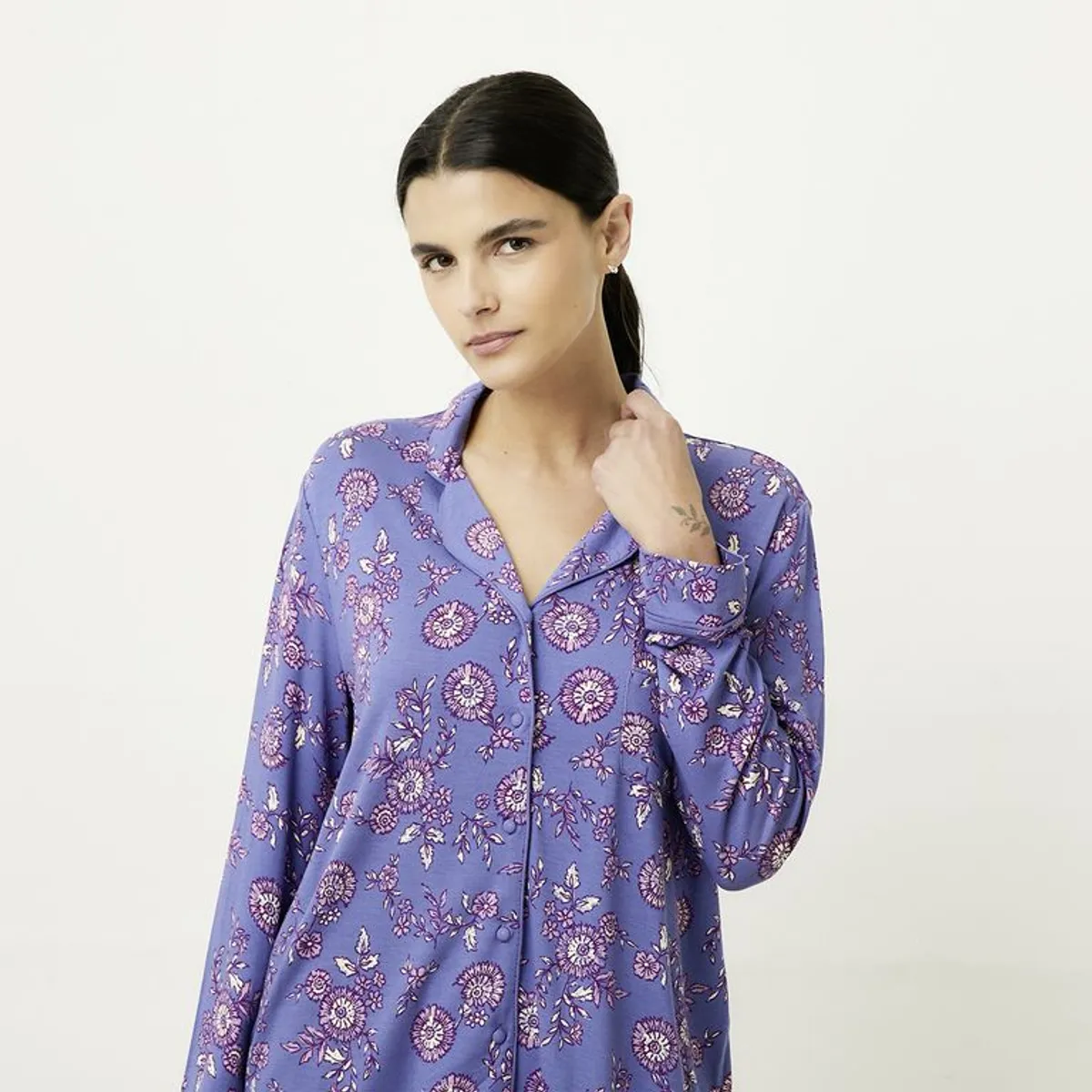 BLU - Pijama completa con pantalón para Mujer Manga larga de Flores Blu