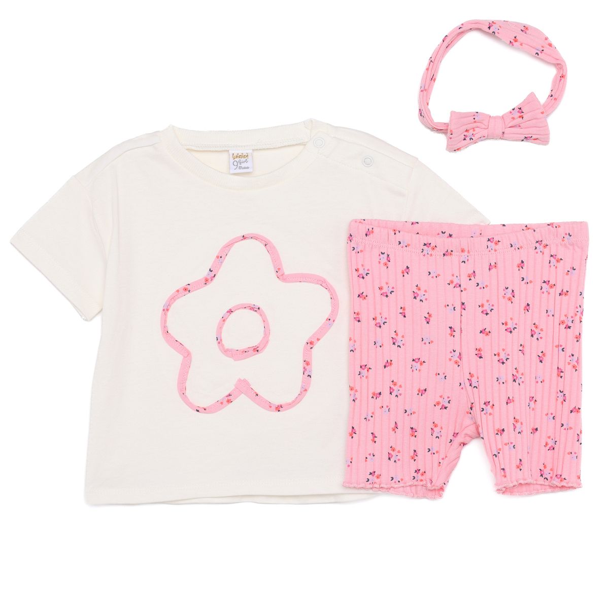 YAMP - Conjunto Camiseta Manga Corta manga corta + Short + Diadema para Bebé niña en Algodón Yamp