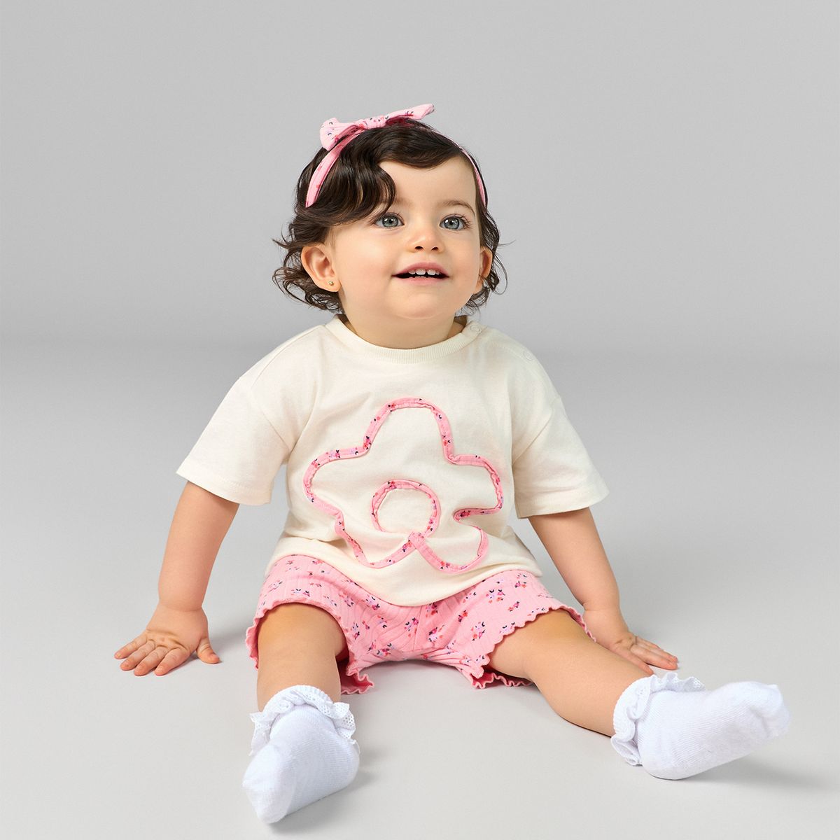 YAMP - Conjunto Camiseta Manga Corta manga corta + Short + Diadema para Bebé niña en Algodón Yamp
