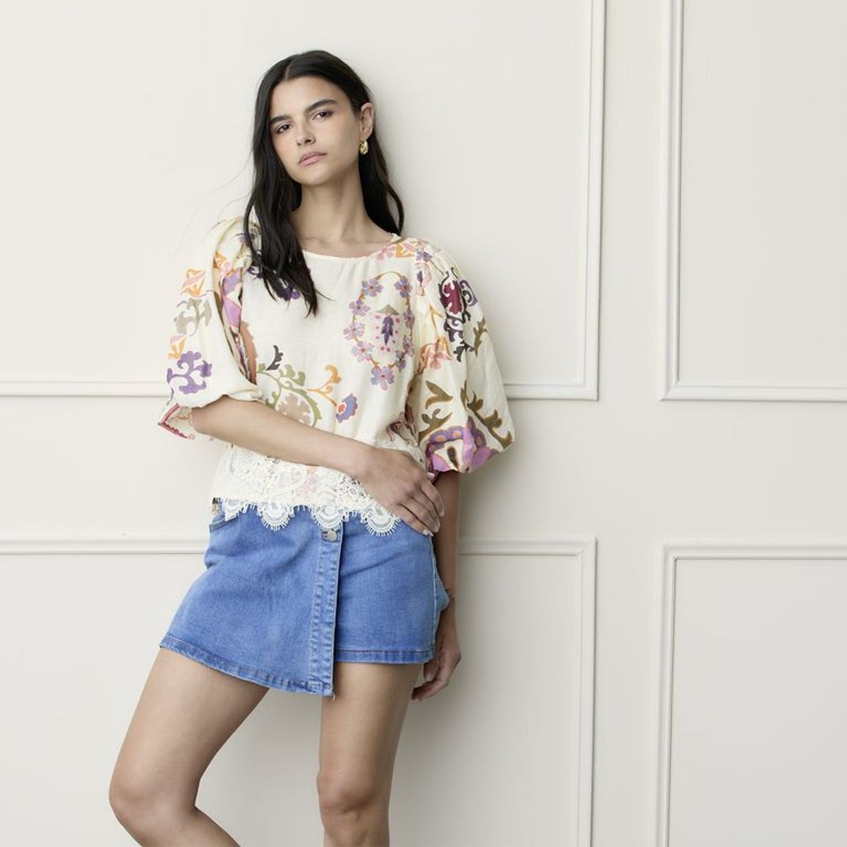 BASEMENT - Blusa Mujer con Estampado Manga corta de Lino Basement