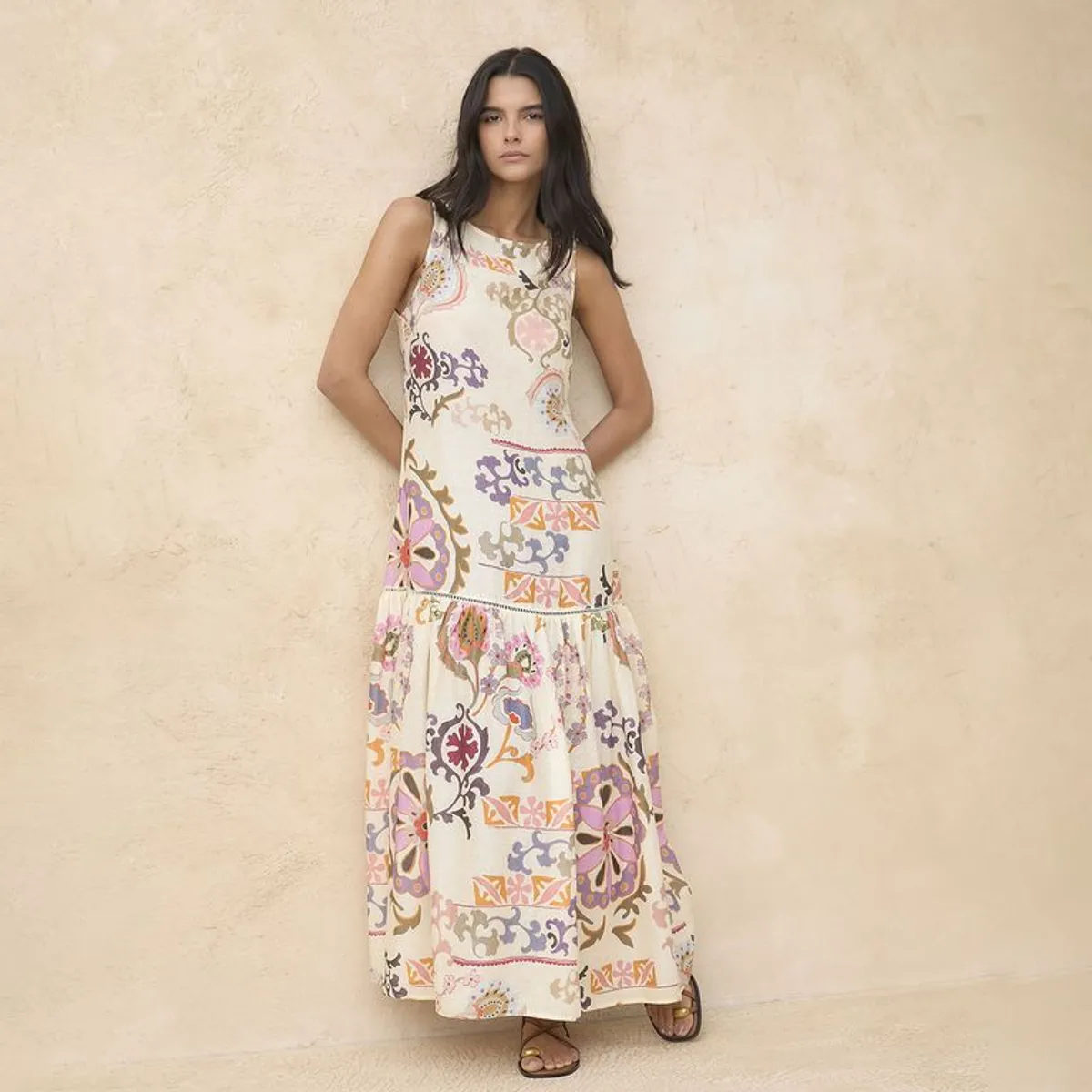 BASEMENT - Vestido Mujer Largo Casual con Estampado de Lino Basement