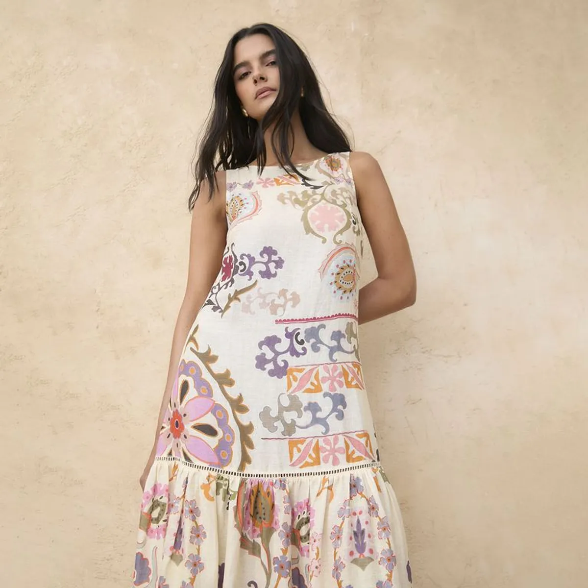 BASEMENT - Vestido Mujer Largo Casual con Estampado de Lino Basement