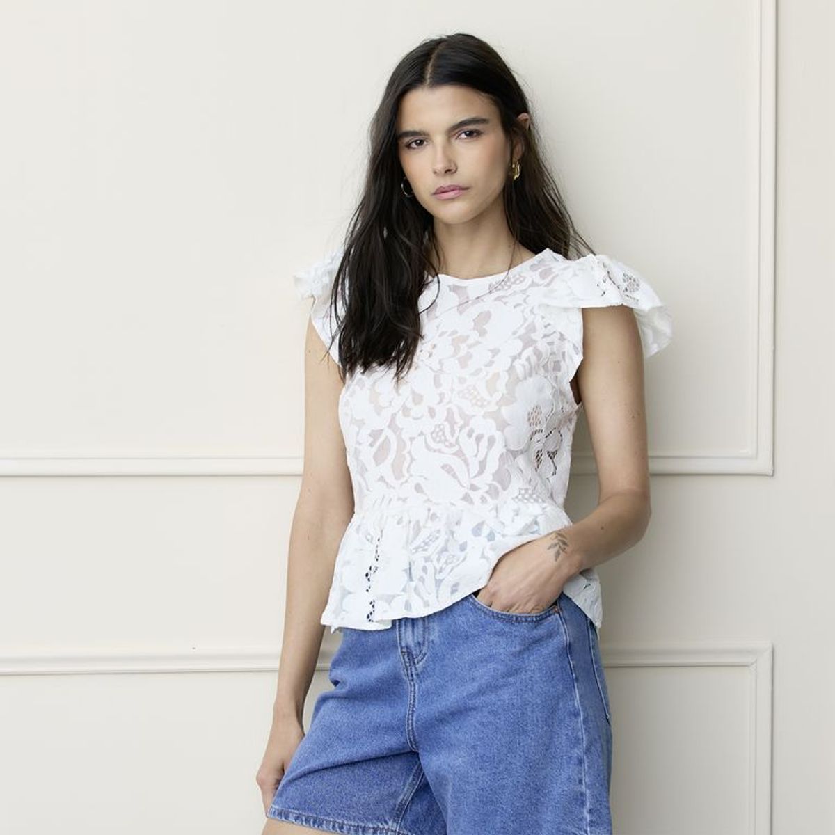 BASEMENT - Blusa Mujer con Encaje Manga corta de Algodón Basement