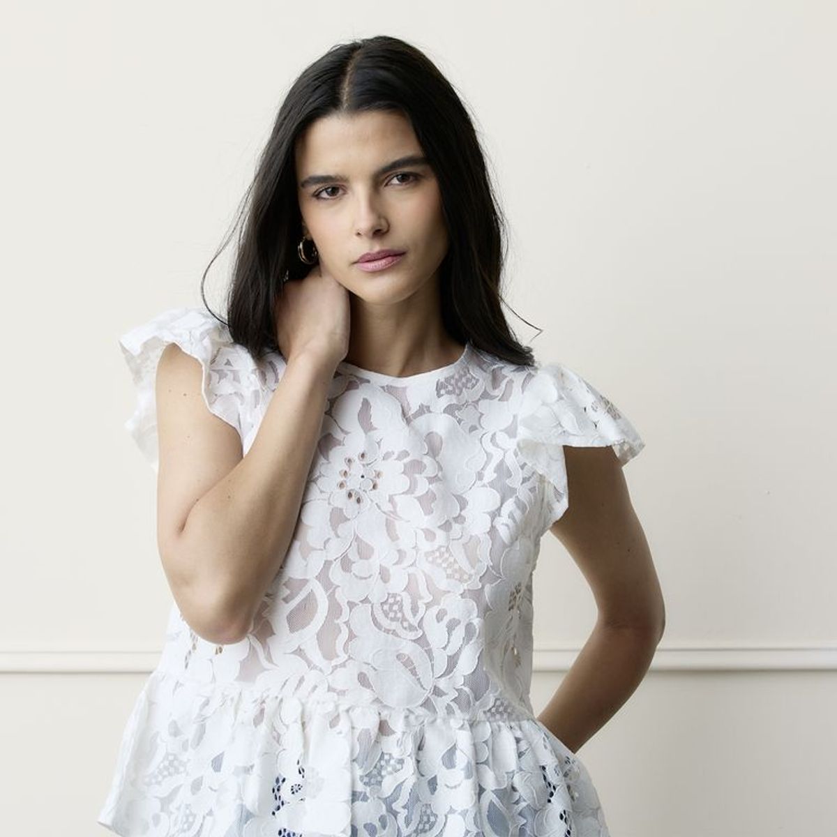 BASEMENT - Blusa Mujer con Encaje Manga corta de Algodón Basement