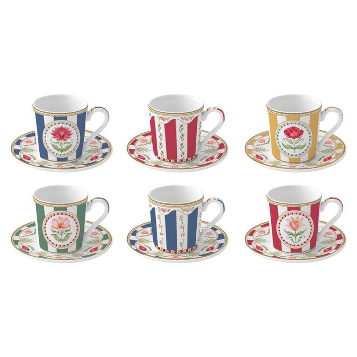  - Tazas Con Plato Porcelana Flowery Setx6  100 Ml 6 X 7 Cm