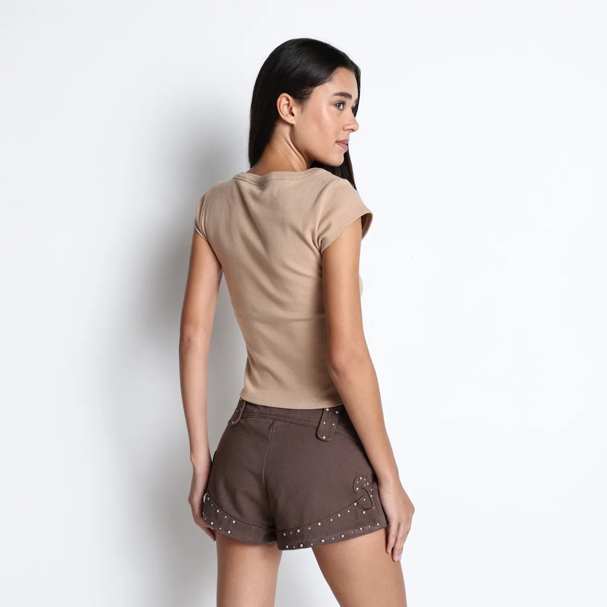 DENIMLAB - Short Recto Mujer Tiro medio con Taches de Algodón Denimlab