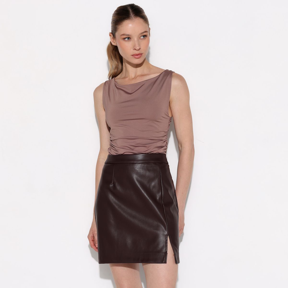 BASEMENT - Falda Midi Mujer Efecto Cuero Basement