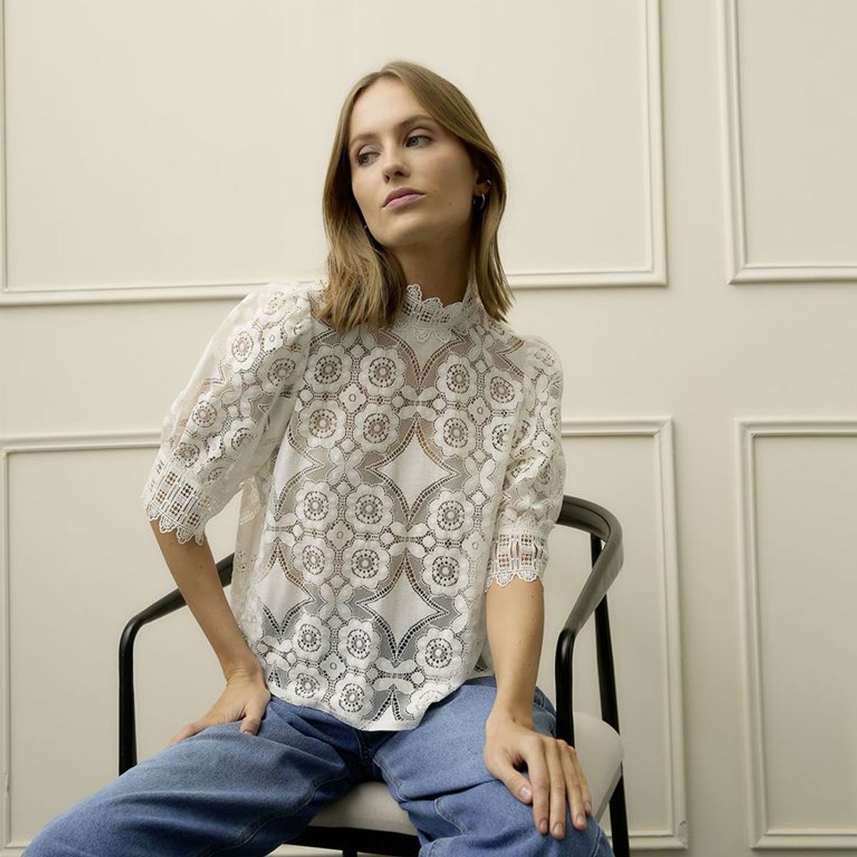 BASEMENT - Blusa Mujer con Encaje Manga 3/4 de Algodón Basement