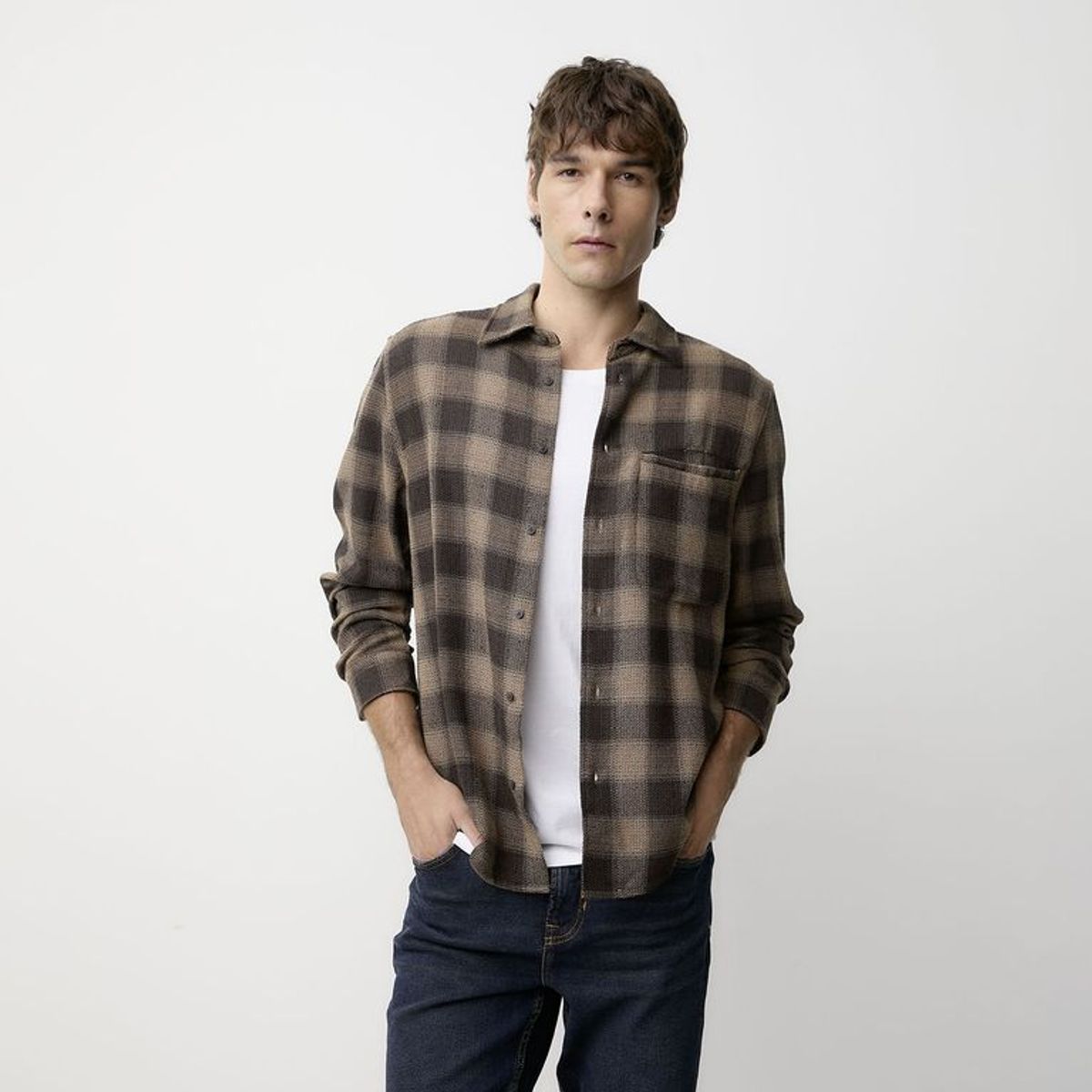 BASEMENT - Camisa Hombre de Cuadros Manga Larga de Algodón Basement