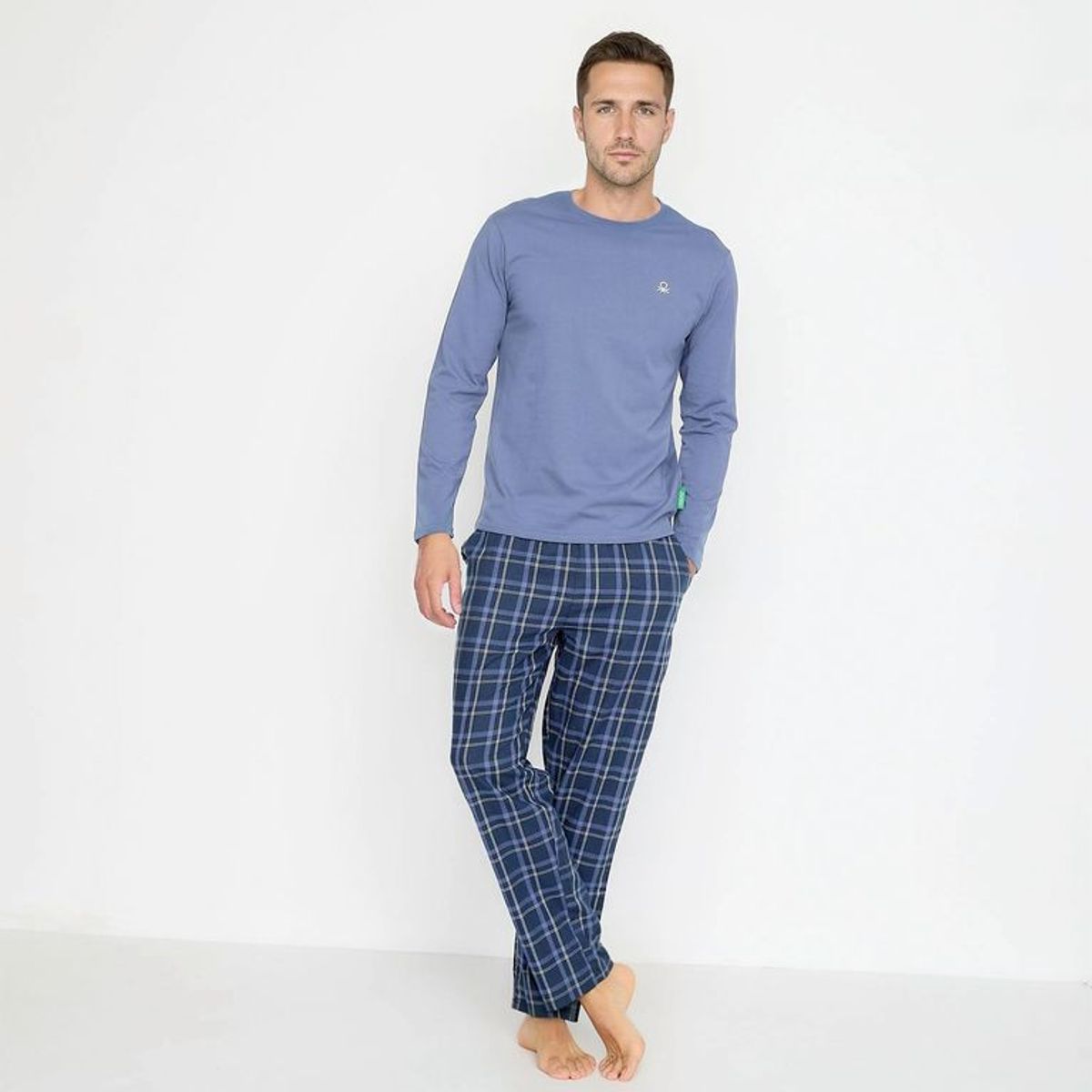 BENETTON - Pijama Hombre Largo Manga larga de Cuadros de Algodón Benetton