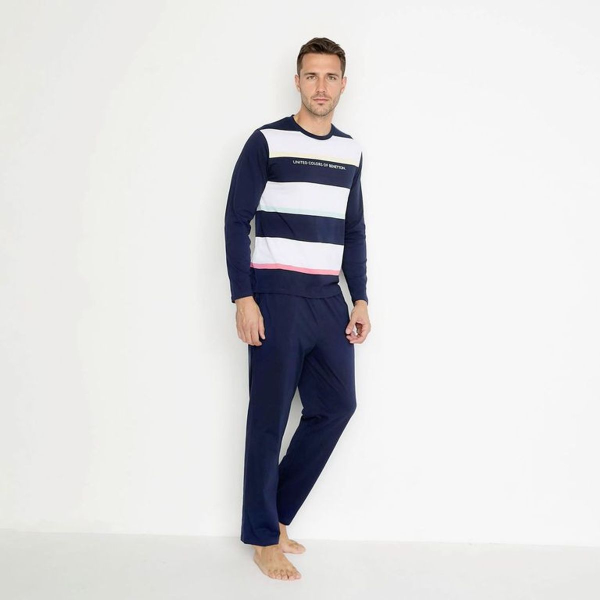 BENETTON - Pijama Hombre Largo Manga larga de Rayas de Algodón Benetton