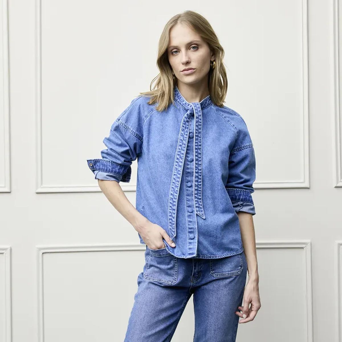 BASEMENT - Blusa Mujer Denim Manga larga de Algodón Basement