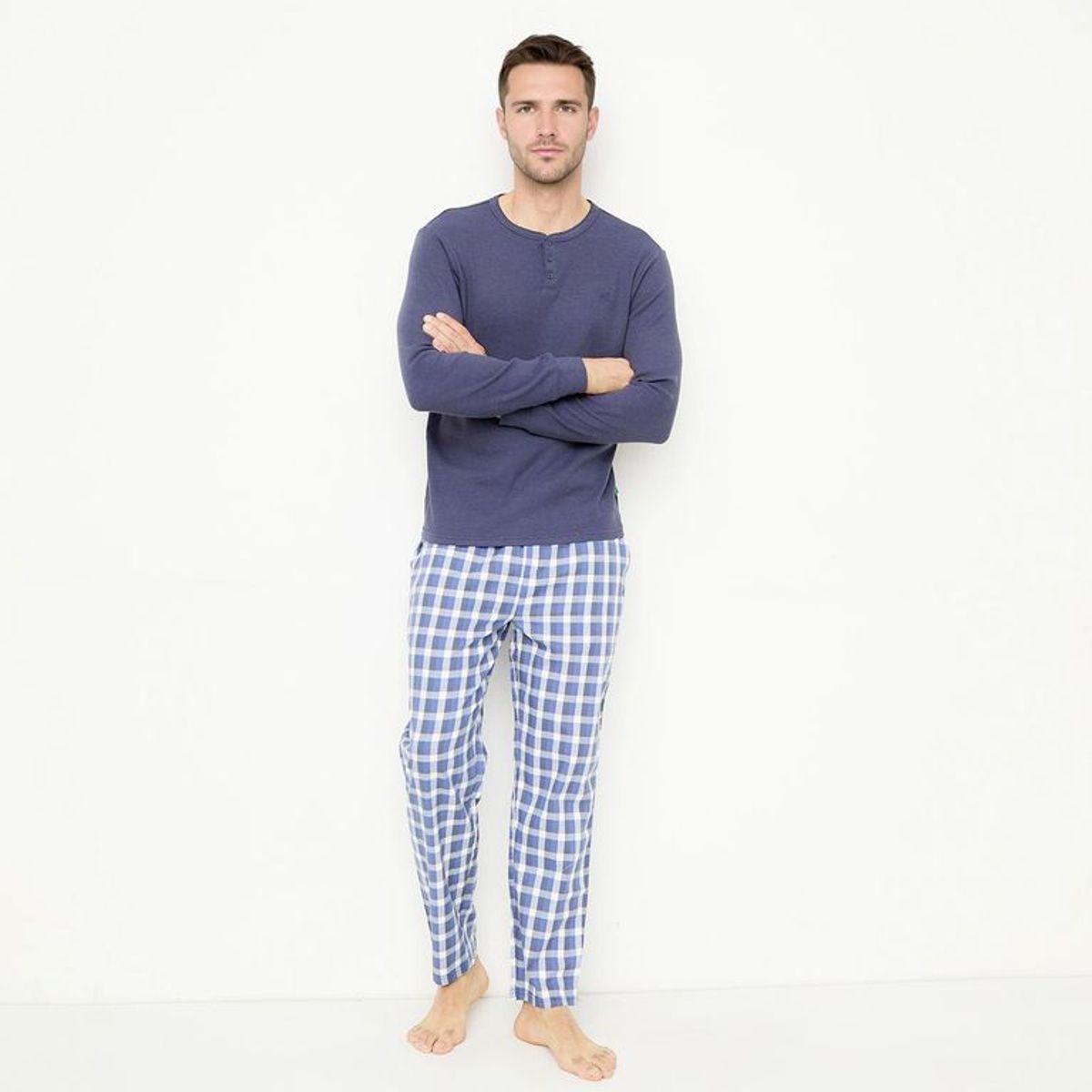 BENETTON - Pijama Hombre Largo Manga Larga De Cuadros De Algodón Benetton