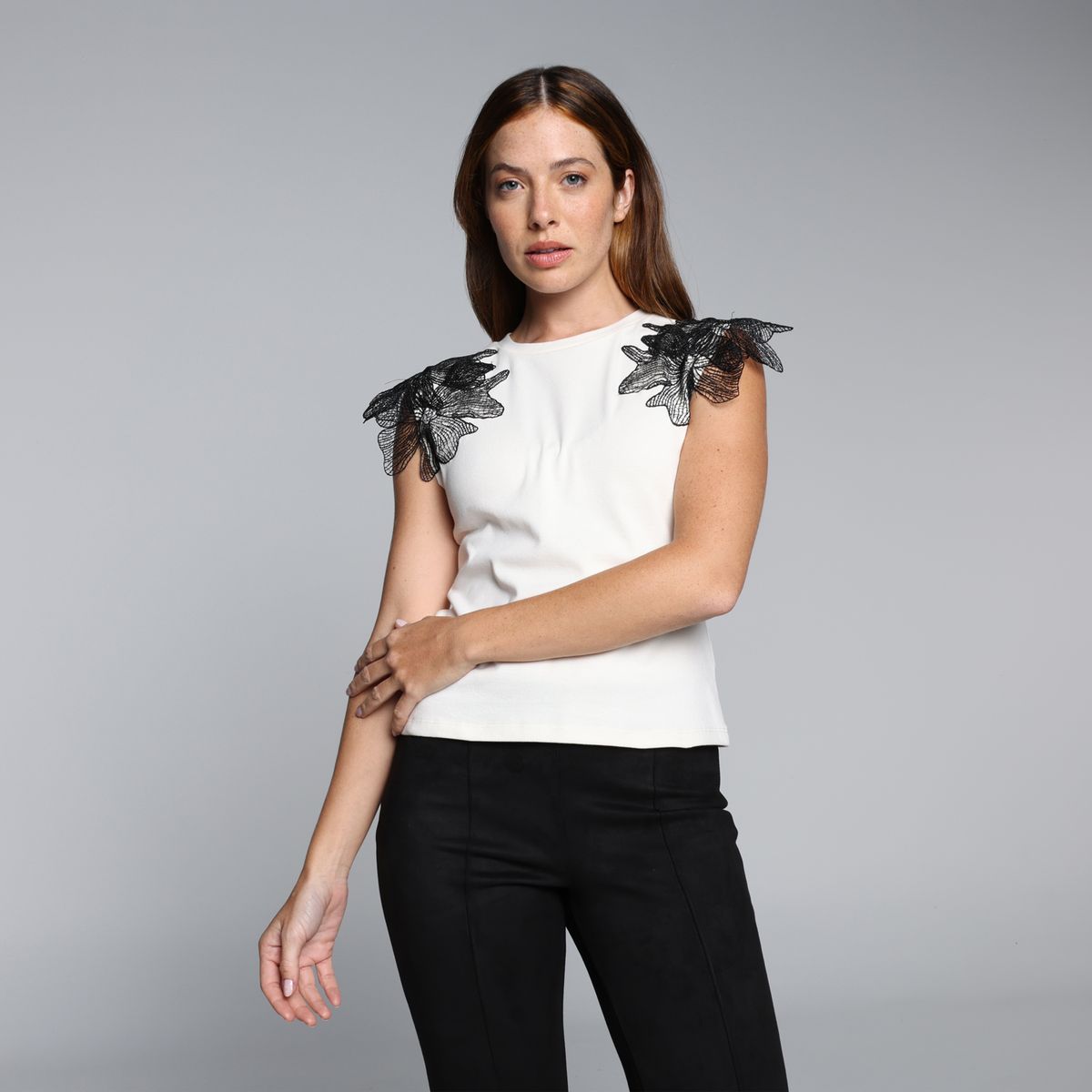 BASEMENT - Camiseta Mujer Encaje Manga Corta De Algodón Basement