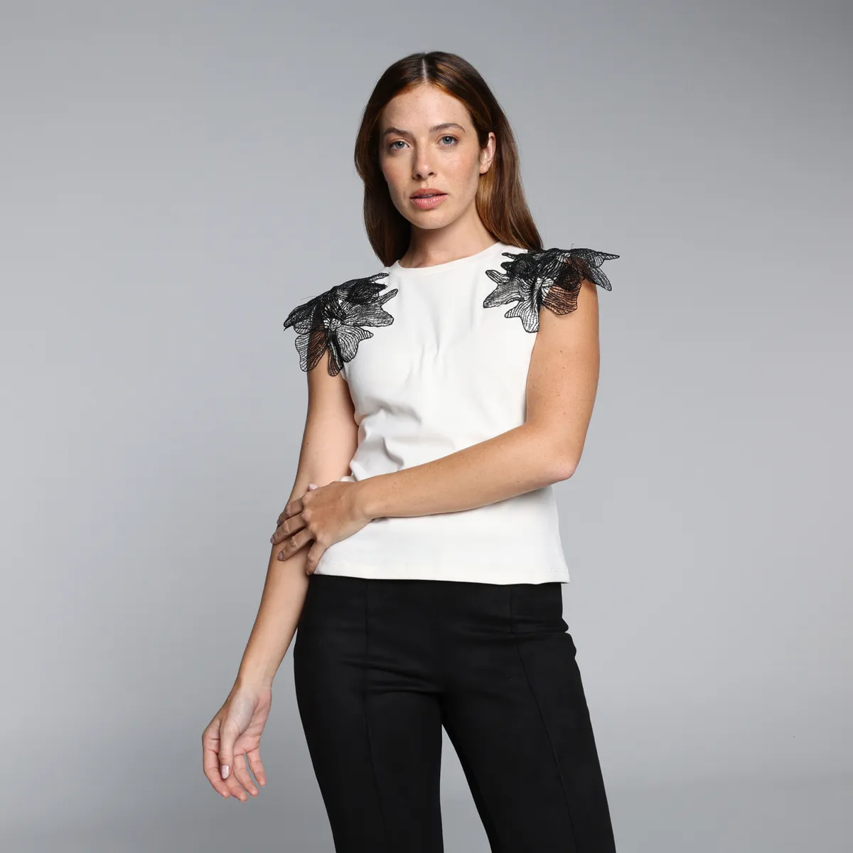 BASEMENT - Camiseta Mujer Encaje Manga Corta De Algodón Basement
