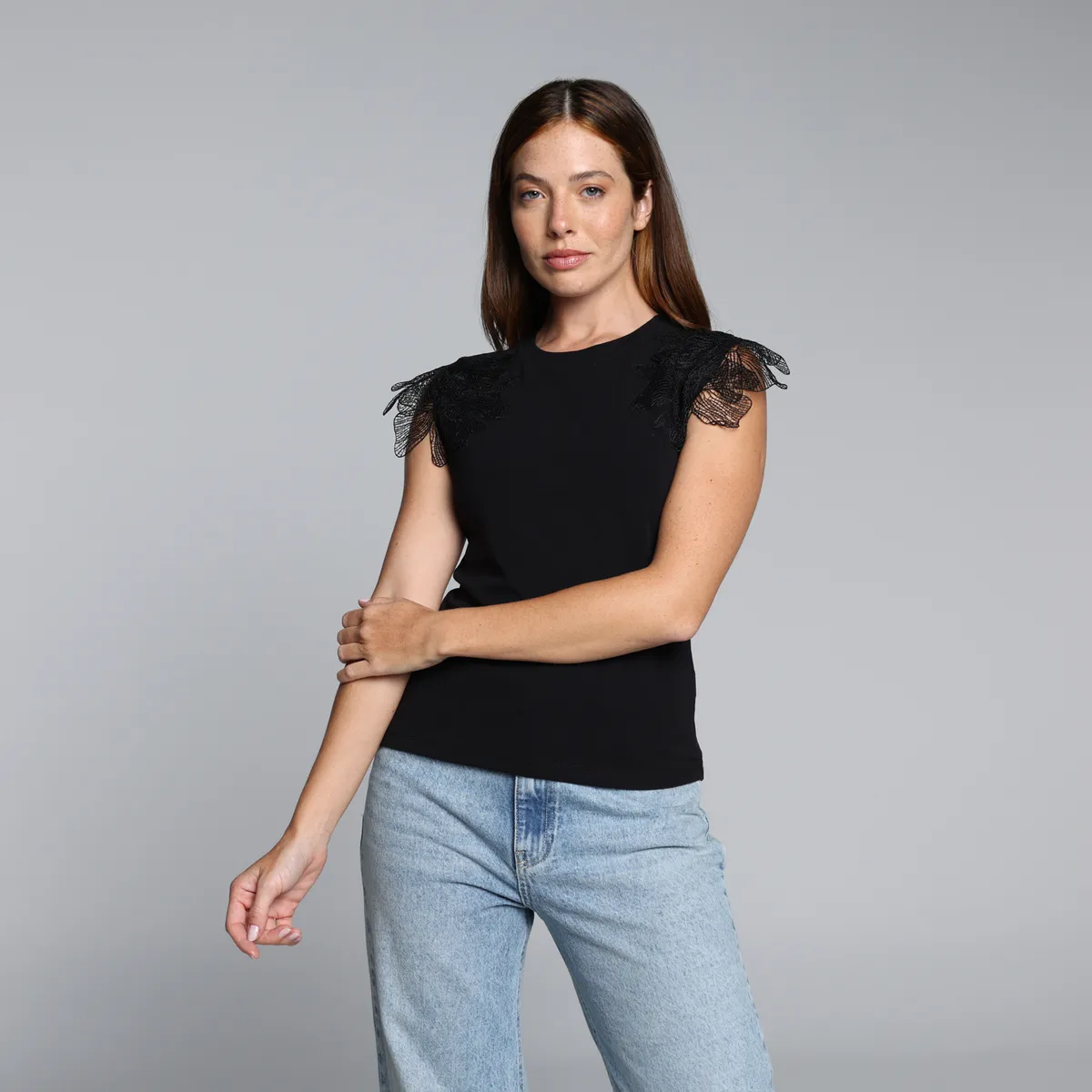 BASEMENT - Camiseta Mujer Encaje Manga Corta De Algodón Basement