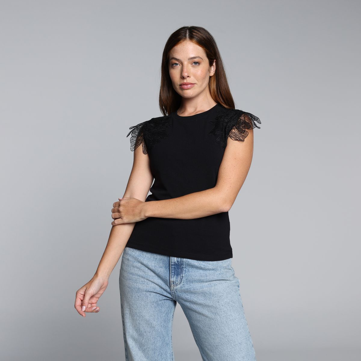 BASEMENT - Camiseta Mujer Encaje Manga Corta De Algodón Basement