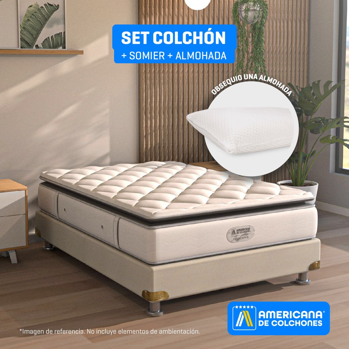 AMERICANA DE COLCHONES - Colchón con Base Cama Sencillo Firmeza Media Ortopédico Resortado con Pillow Non Flip 100 x 190 cm +Almohada Clasica Americana de Colchones