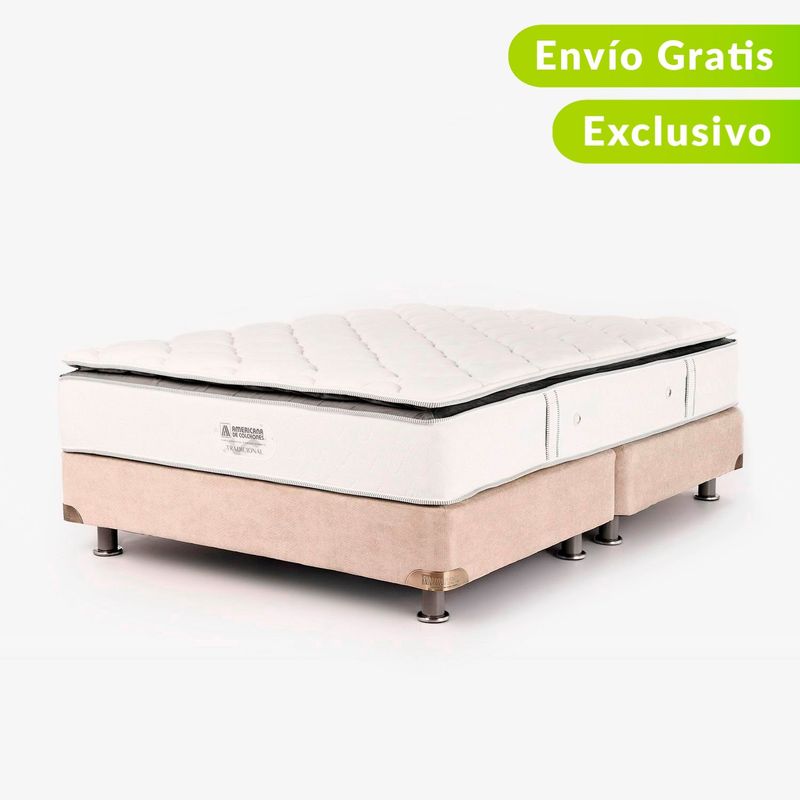 AMERICANA DE COLCHONES - Colchón con Base Cama Doble Firmeza Media Ortopédico Resortado con Pillow Non Flip 140 x 190 cm + Almohada Americana de Colchones 0% Interés a 3 y  6 Cuotas Pagando con tu CMR Banco Falabella