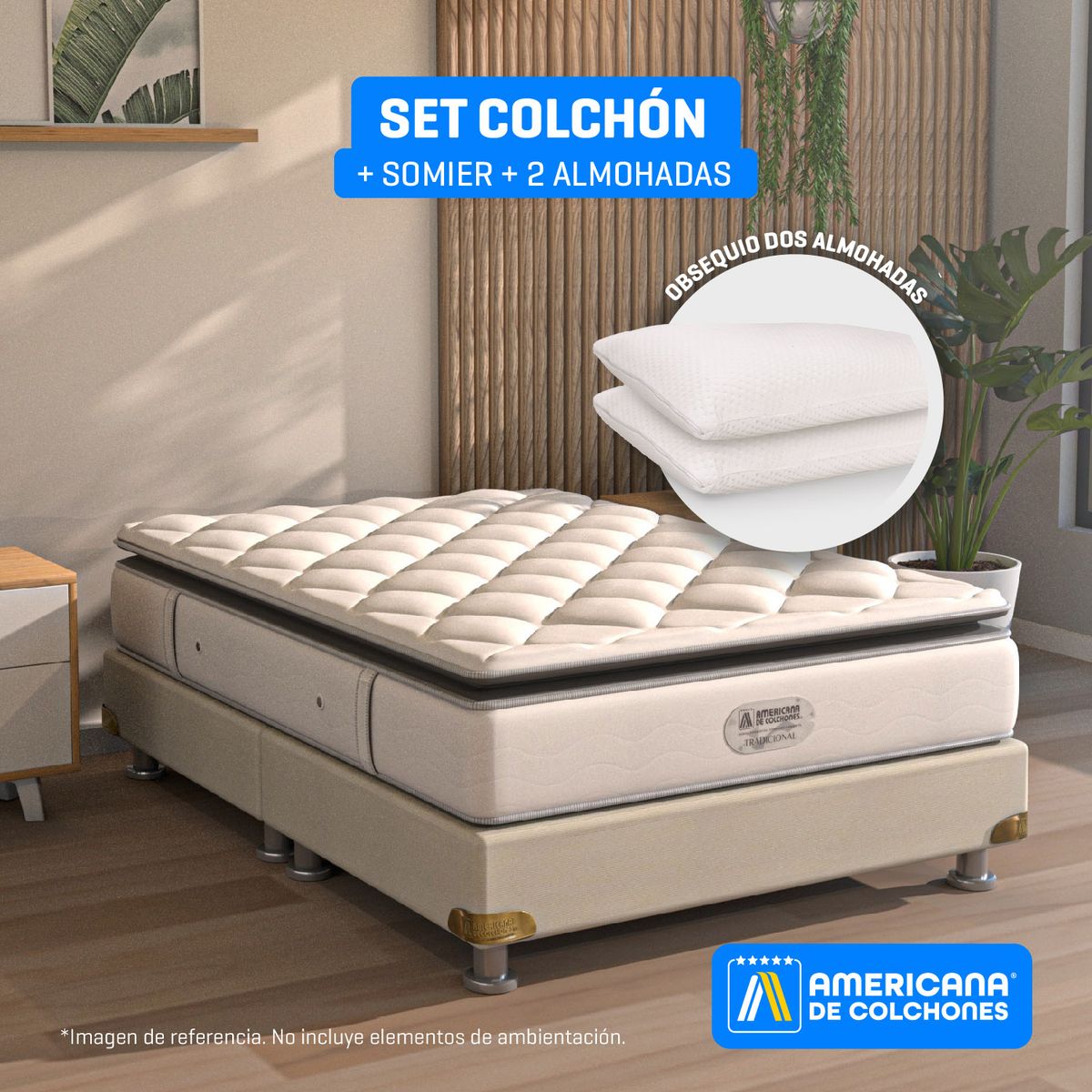 AMERICANA DE COLCHONES - Colchón con Base Cama Queen Firmeza Media Ortopédico Resortado con Pillow Non Flip 160 x 190 cm +Almohada Clasica Americana de Colchones