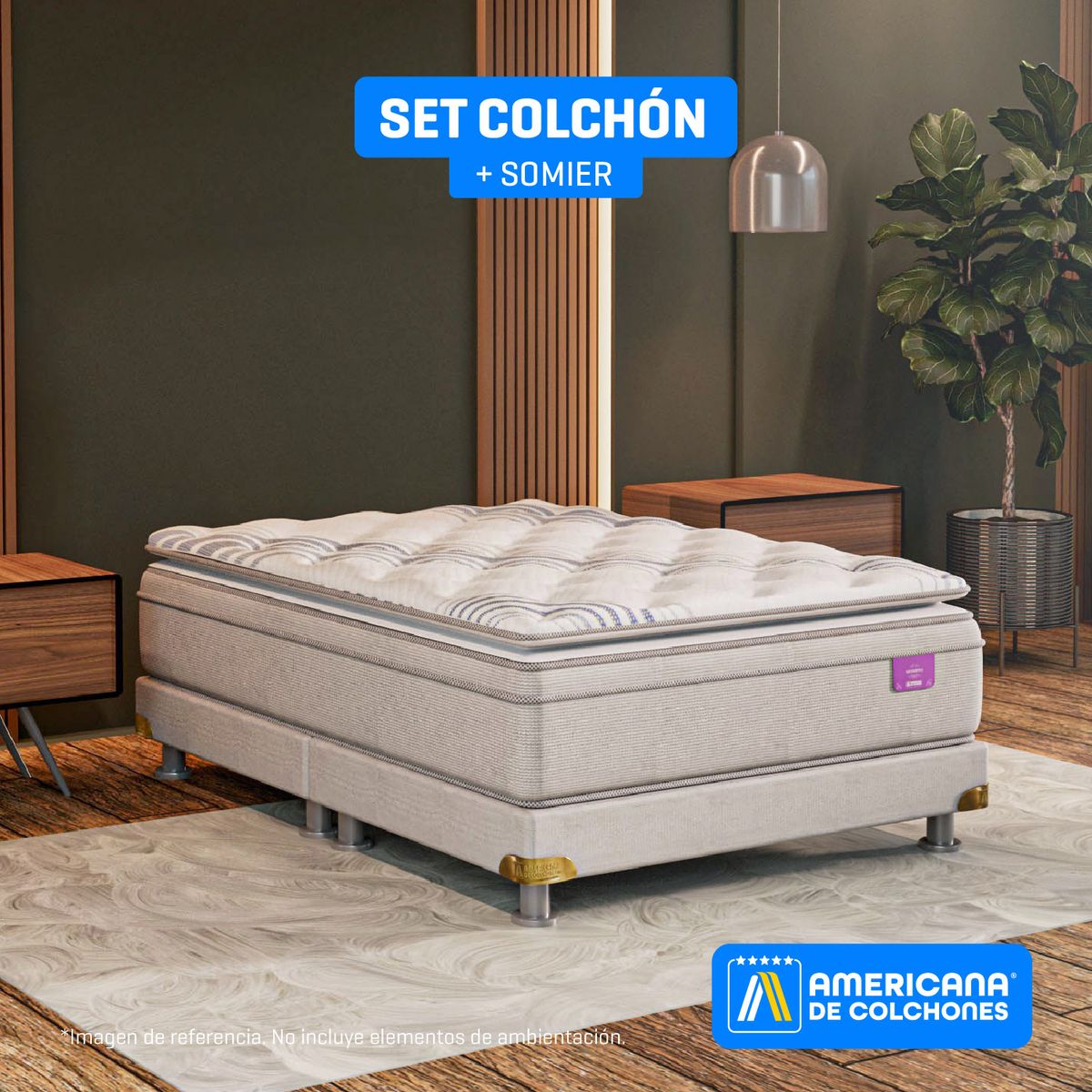 AMERICANA DE COLCHONES - Colchón con Base Cama Doble Firmeza Media Ortopédico Resortado con Pillow Non Flip 140 x 190 cm Americana de Colchones