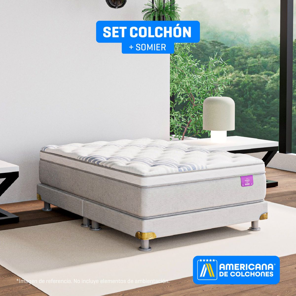 AMERICANA DE COLCHONES - Colchón con Base Cama Queen Firmeza Media Ortopédico Resortado con Pillow Non Flip 160 x 190 cm Americana de Colchones