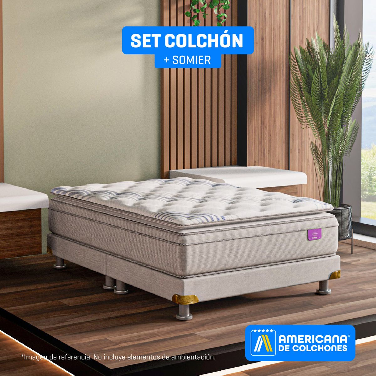 AMERICANA DE COLCHONES - Colchón con Base Cama Doble Firme Ortopédico Resortado con Pillow Non Flip 140 x 190 cm Americana de Colchones