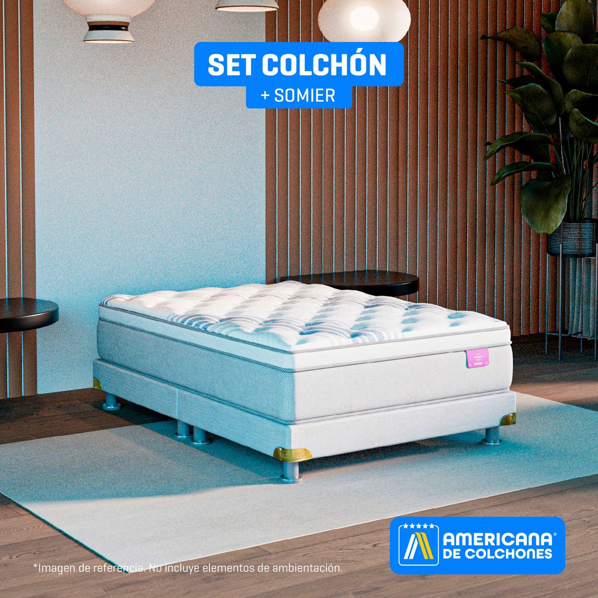 AMERICANA DE COLCHONES - Colchón con Base Cama Doble Firmeza Media Ortopédico Resortado con Pillow Non Flip 140 x 190 cm Americana de Colchones