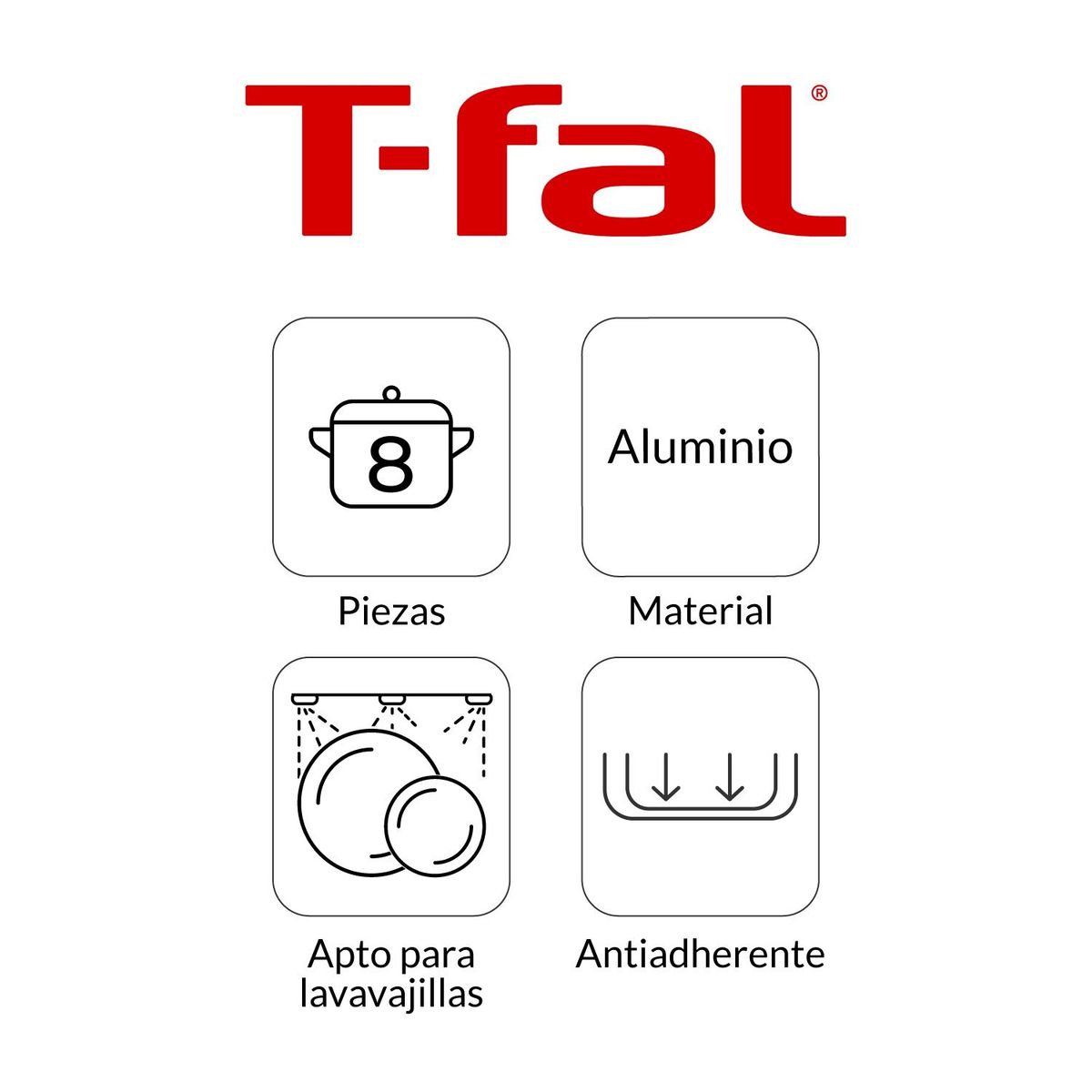 T-FAL - Juego de Ollas TEFAL 8 Piezas Excite Aluminio