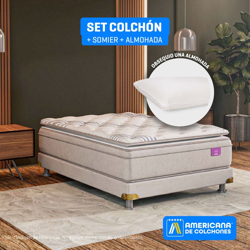 AMERICANA DE COLCHONES - Colchón con Base Cama Semidoble Firmeza Media Ortopédico Resortado con Pillow Premium Top 120 x 190 cm + Almohada Americana de Colchones
