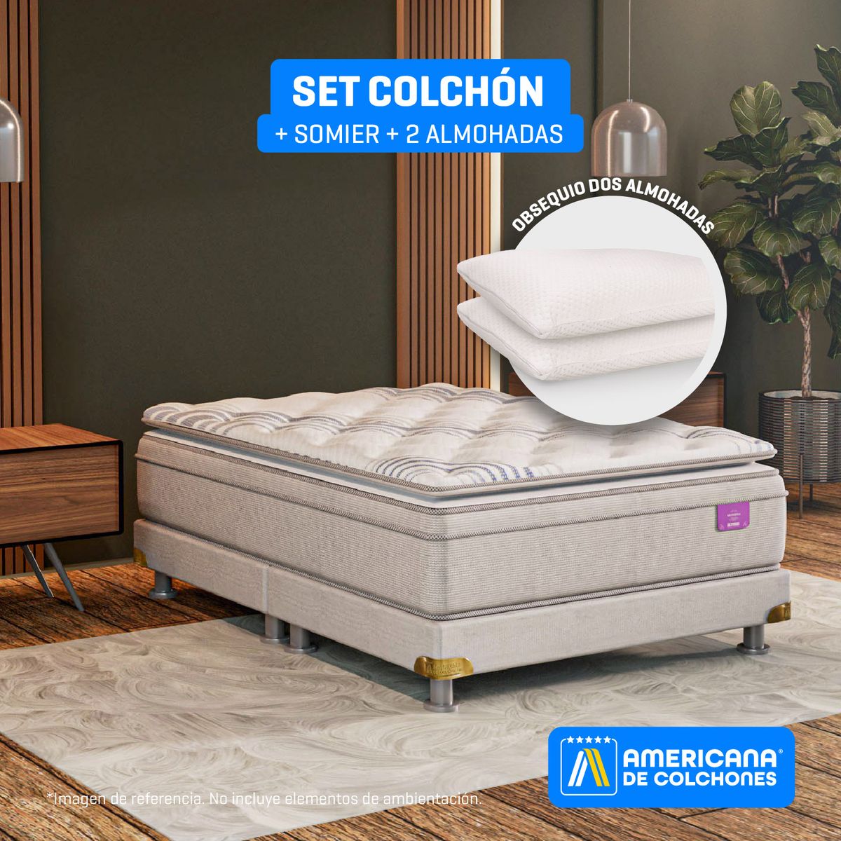 AMERICANA DE COLCHONES - Colchón con Base Cama Doble Firmeza Media Ortopédico Resortado con Pillow Premium Top 140 x 190 cm + 2 Almohadas Americana de Colchones