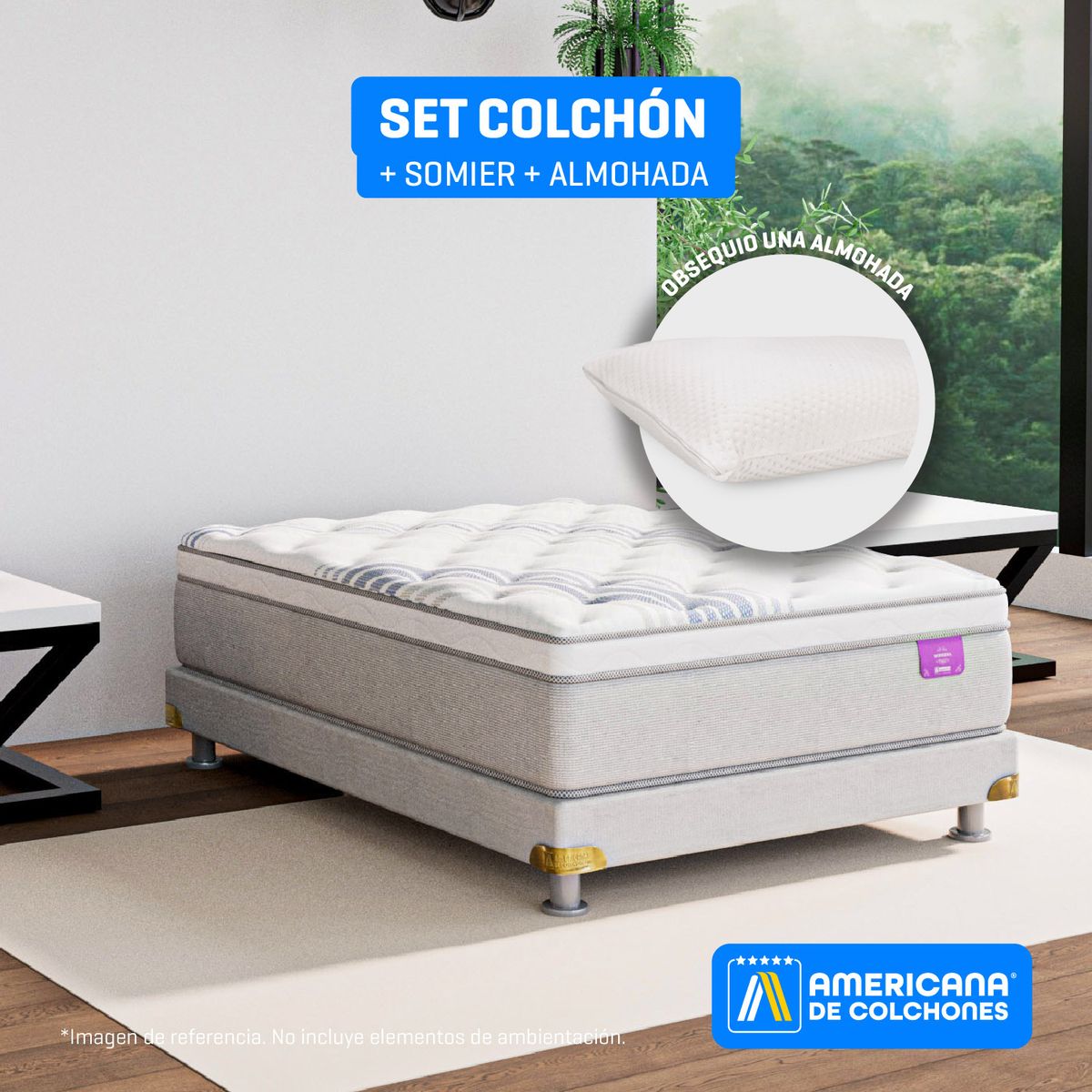 AMERICANA DE COLCHONES - Colchón con Base Cama Sencillo Firmeza Media Ortopédico Resortado con Pillow Premium Top 100 x 190 cm + Almohada Americana de Colchones
