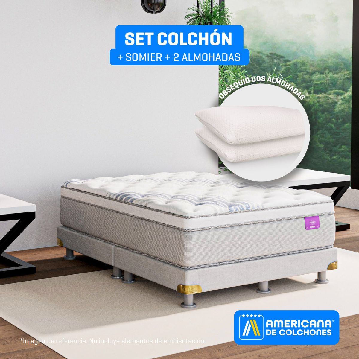 AMERICANA DE COLCHONES - Colchón con Base Cama King Firmeza Media Ortopédico Resortado con Pillow Premium Top 200 x 200 cm + 2 Almohadas Americana de Colchones