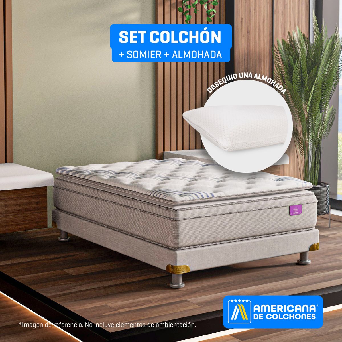 AMERICANA DE COLCHONES - Colchón con Base Cama Semidoble Firme Ortopédico Resortado con Pillow Best Dream 120 x 190 cm + Almohada Americana de Colchones