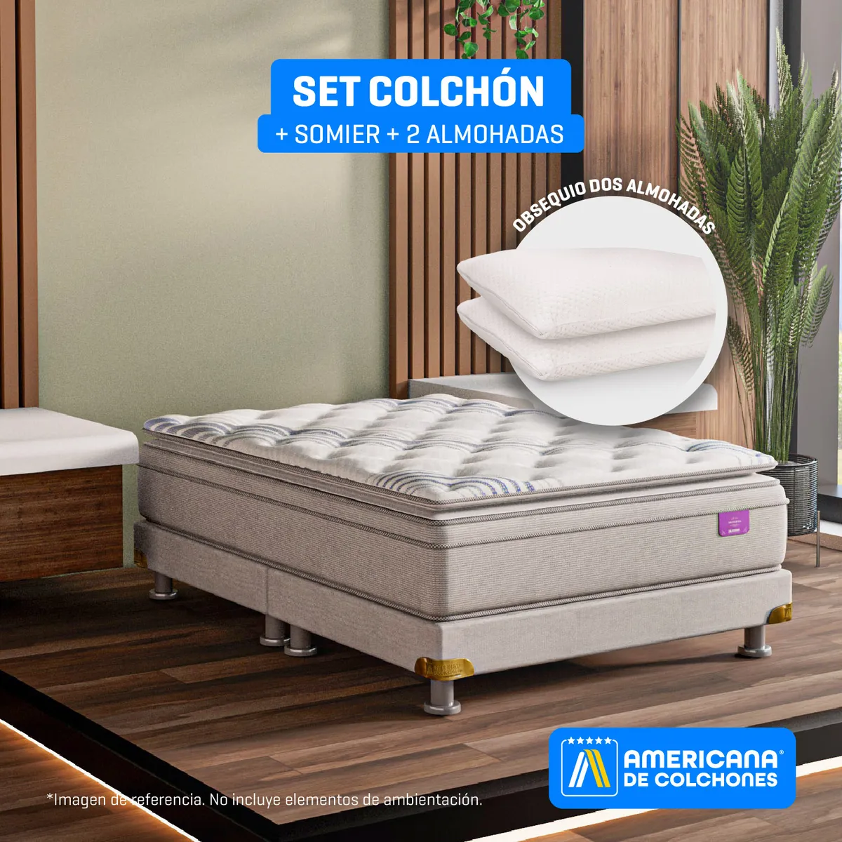 AMERICANA DE COLCHONES - Colchón con Base Cama Doble Firme Ortopédico Resortado con Pillow Best Dream 140 x 190 cm + 2 Almohadas Americana de Colchones